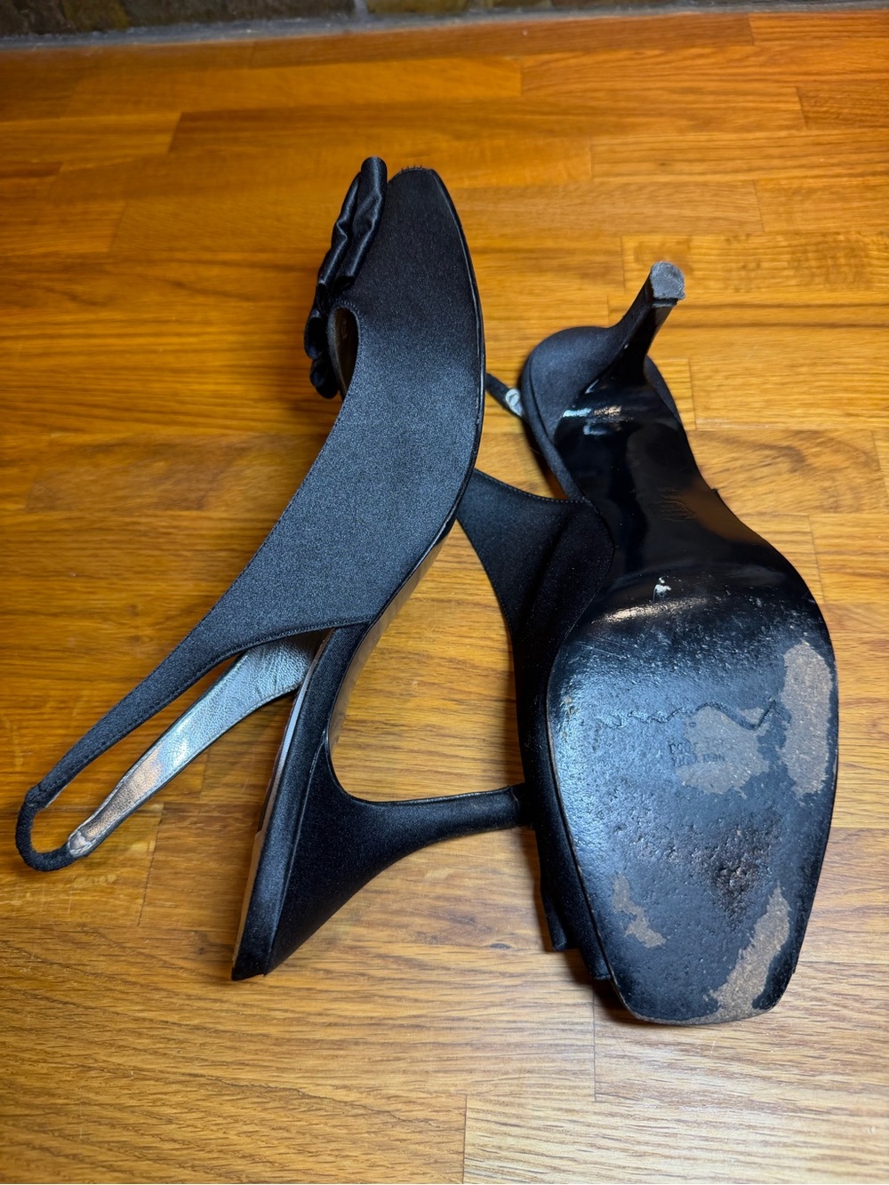Nina New York Black Satin Peep-Toe Ruffle Slingback Heels - Picture 4 of 11